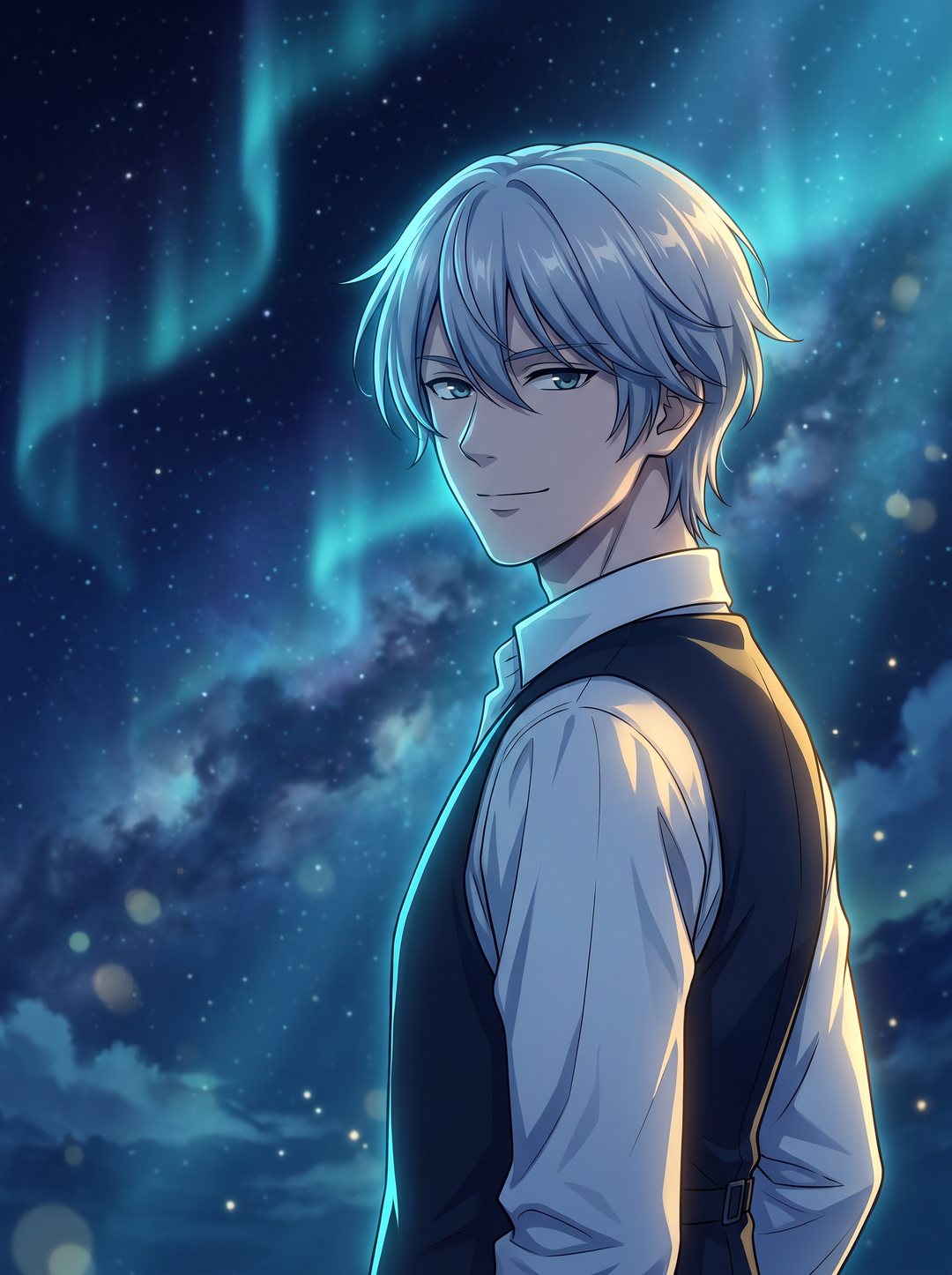 二次元插画：星空下回眸的少年